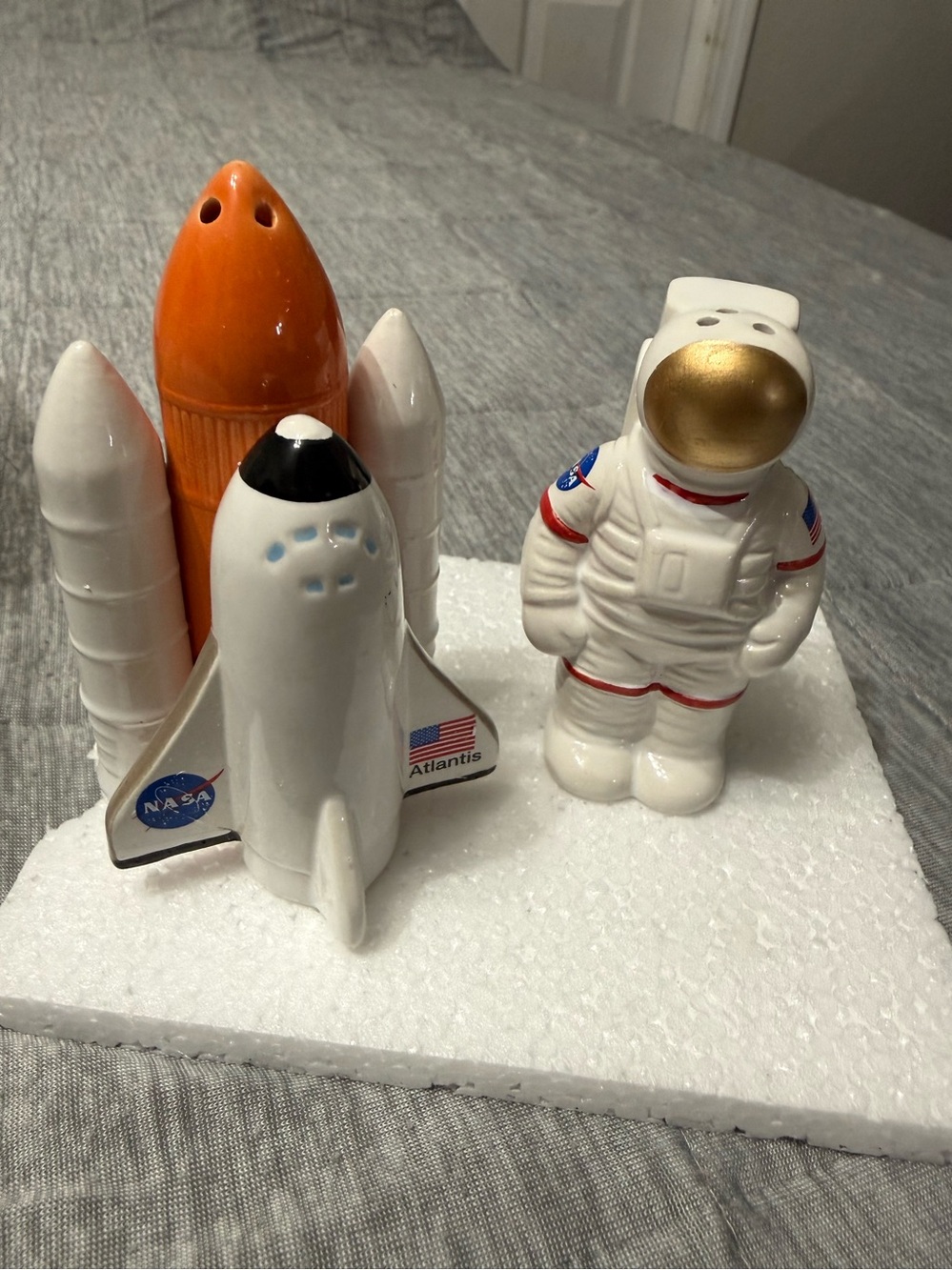 Space Shuttle and Astronaut Ceramic Salt & Pepper Shakers - White & Orange